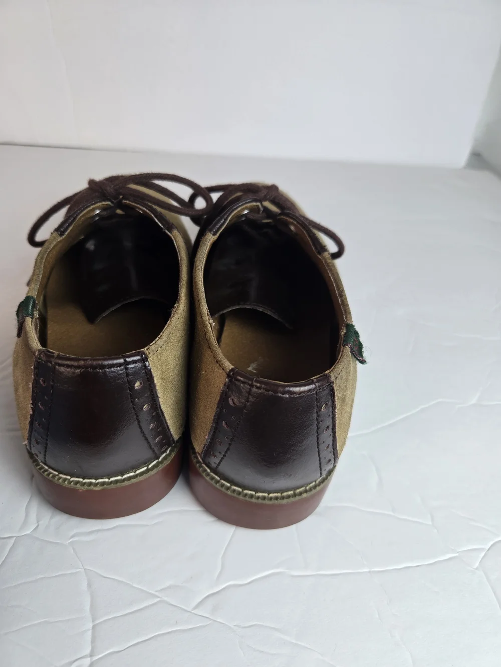 Varsity Two-Tone Suede and Leather Oxfords in Olive and Dark Brown